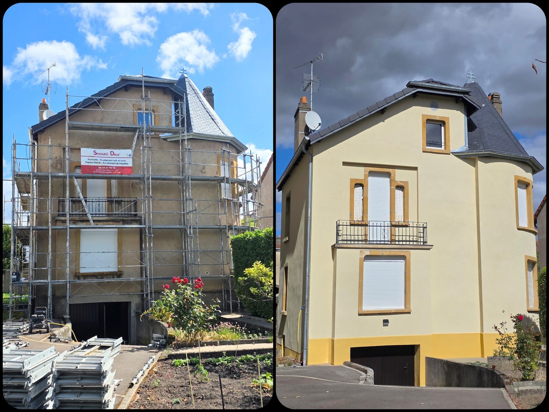 Façade avant ravalement, sous échafaudage avec la bâche Spataro Déco'